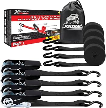 XSTRAP STANDARD Ratchet Tie Down Straps 4 Pk 10 Ft- 300 Lbs Load Cap- 900 Lbs Break Strength-Cargo Straps for UTV, ATV, Pickup,Truck, Moving Appliances, Lawn Equipment, Black