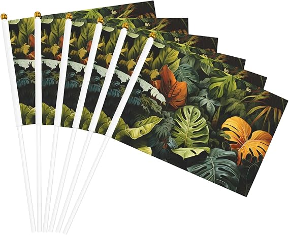 Tropical Rainforest Palm Leaves Double-Sided Hand Waving Flag 14x21cm Six Piece | Mini Stick Flag for Sports & Party