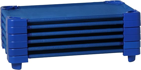 Sprogs Heavy-Duty Stackable 40"L Daycare Cots for Toddlers Ages 1 to 2, Stacking Preschool Classroom Toddler Cots for Sleeping, Resting, Naptime, Pack of 6, Blue