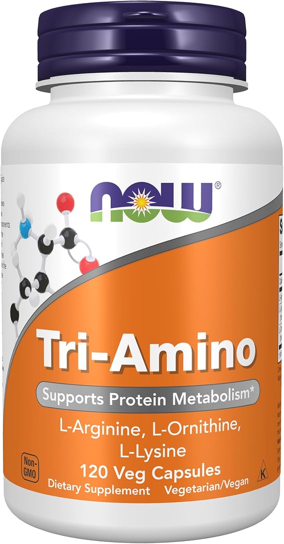 NOW Foods Supplements, Tri-Amino with L-Arginine, L-Ornithine, L-Lysine, Supports Protein Metabolism*, 120 Capsules