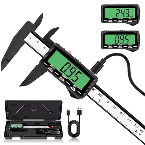 HARDELL Rechargeable Digital Caliper 6", Plastic Calipers, Green Screen | High-Contrast, Everyday Caliper Measuring Tool, Inch/MM, Auto-Off, for Woodworking, DIY, Jewelry, Household, Non-Backlight