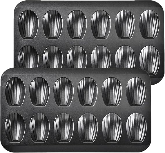 Madeleine Pans for Baking (2-Pack) 12 cup Madlen Mold Makes Shell Shape Cake Cookies Nonstick Carbon Steel Madeline Tray for Oven Black