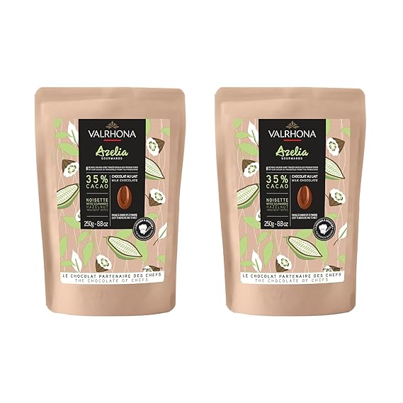Valrhona Premium French Baking Milk And Hazelnut Chocolate Discs (Feves). AZELIA 35% Cacao. Easy Melt. Easy to chop. Creamy and Balanced. Superb in sauces and frostings. 250g (Pack of 2)