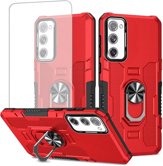 Ueokeird Case for Galaxy S20 FE 5G Case, Samsung S20 FE SM-G781U Case with Tempered Glass Screen Protector, Heavy Duty Metal Ring Magnetic Kickstand Phone Cover for Samsung Galaxy S20 FE 5G Red