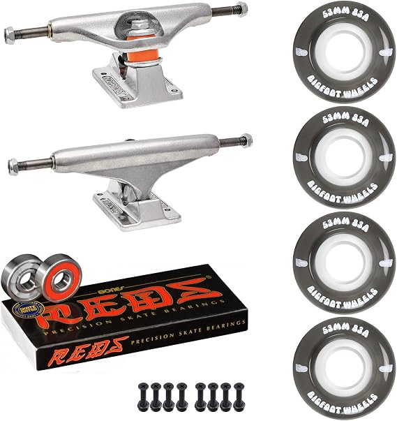 Independent Skateboard Trucks Package Kit with Bigfoot 53mm Soft 83A Wheels, Bones Reds Bearings, 1" Phillips Mounting Hardware, and 1/8" Risers