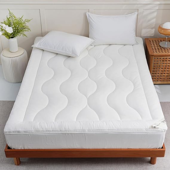 YOUR MOON 100% Wool Mattress Topper Twin, 800 GSM, Striped White | Australian Wool Filling, Natural Cotton Cover, Thick Pillow Top Mattress Pad, 16-Inch Deep Pocket, Bed Topper, 39 x 75 in