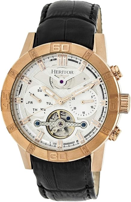 HERITOR Hannibal Automatic Watch for Men 44mm Mens Semi-Skeleton Watch with Jeweled Automatic Movement, 316L Stainless Steel Case, Sapphire-Coated Mineral Crystal, Leather Strap (HERHR4101)