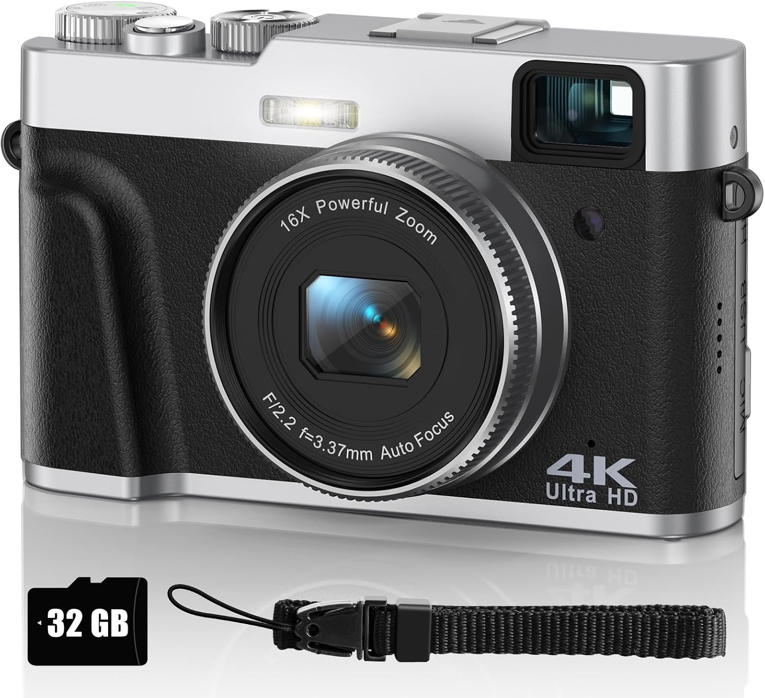 Digital Camera 4K 48MP Camera Auto Focus with 32G SD Card, Compact Camera Photo Camera with Optical Viewfinder 16X Zoom 2 Batteries Easy to Use Suitable for Beginners, Adults, Teenagers Black