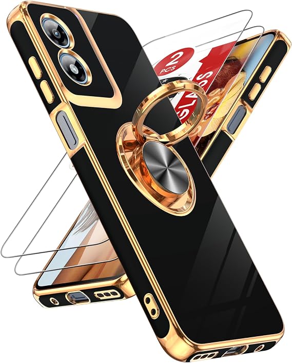 LeYi for Moto-G Play-2024-Case: (Not fit G 5G 2024) 360 Magnetic Ring Stand, Rose Gold Edge, Shockproof TPU, 2X Tempered Glass, Black