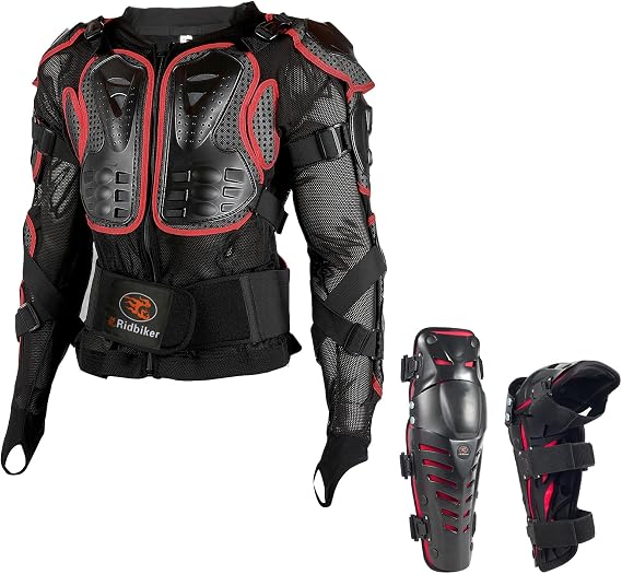 RIDBIKER Motorcycle Protective Jacket and Knee Guard 1 Pair, Spine Chest Protector with Back Protection, Dirt Bike Body Armor for Men (Set-Red Jacket S+Knee Guards)