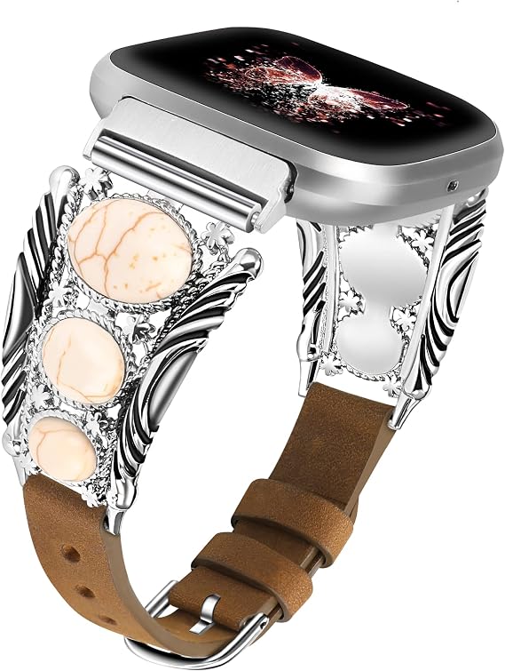 Minyee Fitbit Versa 2 Band/Versa Lite/Versa Band ile Uyumlu Deri Şerit, Kadınlar için Turkuaz Saat Kordonları, Vintage Bohem Etnik Antik Takı Tarzı Versa 2 için Kayış