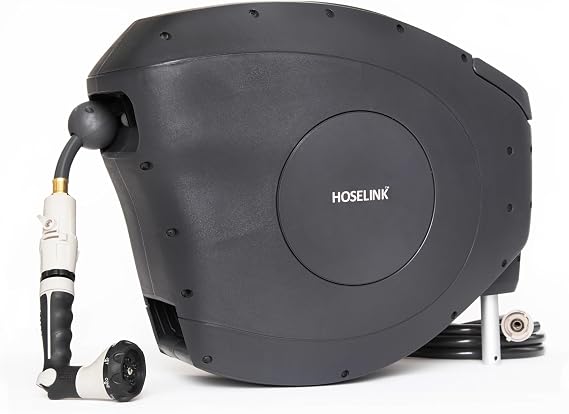 HOSELINK Classic Charcoal 100ft Automatic Retractable Garden Hose Reel, 1/2" UV-Stabilized Kink-Free Hose, Wall Mounted Complete Watering Solution for Backyard, Garden & Outdoor