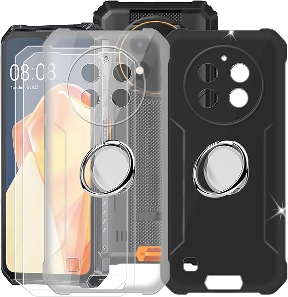 Cover for Oukitel G1 (6.52") + Screen Protector(2 Pack), 2 Ultra Thin Silicone Shockproof Bumper Anti-Scratch Case with Phone Ring Holder Adjustable 360 - Black+Clear