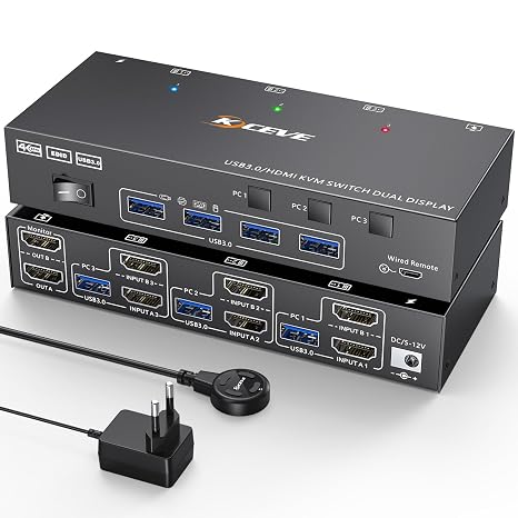 HDMI KVM Switch 3 PC 2 Monitors 4K @ 60Hz Simulation EDID