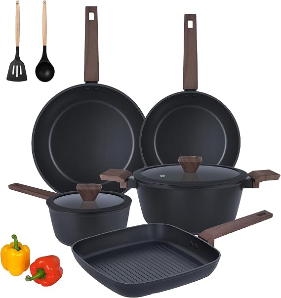 9-Piece Nonstick Cookware Set for Induction, Gas & Electric Stoves,Non stick Pots & Pans with Glass Lids, PFOS/PFOA Free, Includes Frying Pan, Saucepan & Stock Pot (Black)