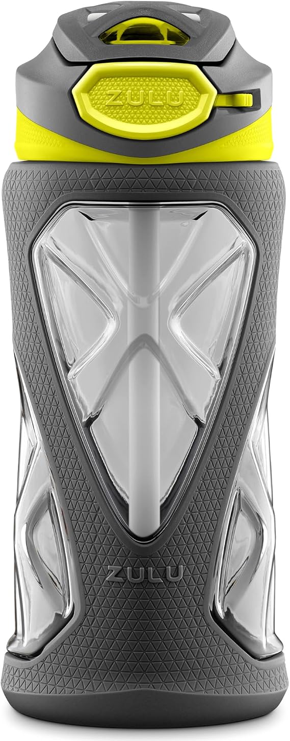 ZULU Torque 16oz Plastic Kids Water Bottle with Silicone Sleeve and Leak-Proof Locking Flip Lid, Soft Touch Carry Loop for School Backpack, Lunchbox, BPA-Free Dishwasher Safe