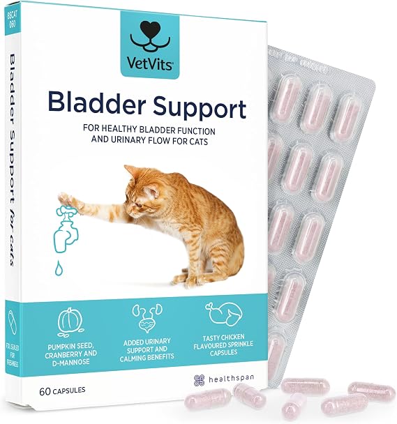 Bladder Support for Cats (60 capsules) | Urinary Health for Cats | Helps reduce indoor accidents | Bladder complex with pumkin seed, D-mannnise and cranberry