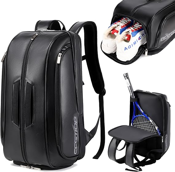 Breathable Ergonomic Women & Men Tennis Bag with Sports Shoe Compartment, Padel Backpack for Travel Tournament Laptop Black