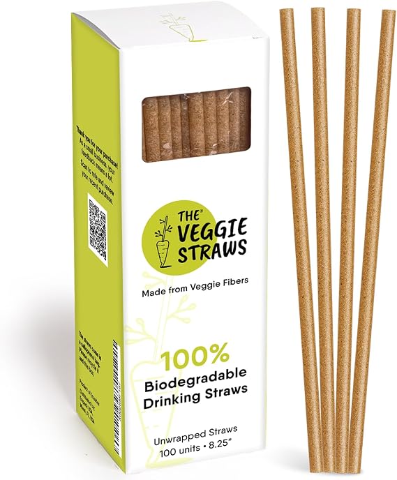 The Veggie Straws – 100 PCS of 8.25 Inches Unwrapped Biodegradable Straws – Made of Vegetable Fibers, Best Environment Friendly Drinking Straws for Hot and Cold Beverages