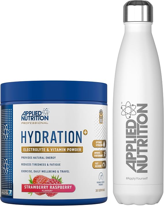 Applied Nutrition Hydration Electrolyte & Vitamin Powder + White Steel Flask 500ml- Natural Energy & Reduces Tiredness & Optimise Hydration (240g - 30 Servings)(Strawberry & Raspberry)