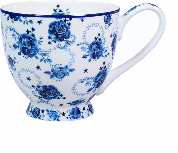 Bone China Coffee Mug Floral Coffee Tea Cup for Men Women -16 oz Flower Coffee Tea Mug Birthday Gifts for Friend Colleague Family Blue