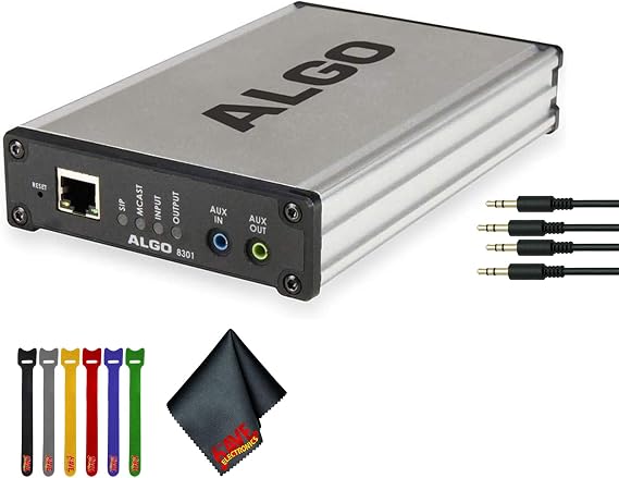 Algo 8301 IP Paging Adapter & Bell Scheduler for Integrating Lgeacy Analog Amilifiers PoE Bundle with 2X Auxilary Cables, Cable Ties, 6th Avenue Fiber Cloth