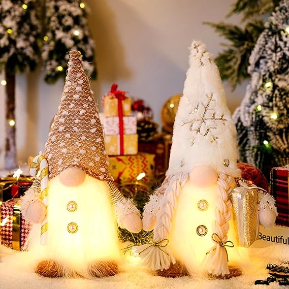 ACAREY Christmas Decoration Gnome Pack of 2 Height 32 cm Christmas Decoration Gnome with Light Plush White Snow Christmas Gnome American Christmas Illuminated Gnome for Christmas Decoration Indoor