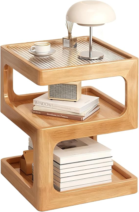 3-Tier Nightstand, Glass Top Side Table,No Assembly,Wood-30cm
