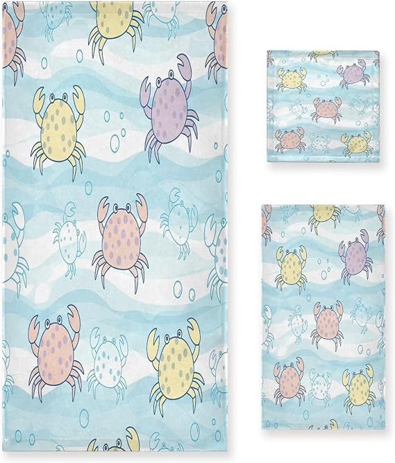 Blueangle Pastel Crabs 3 Piece Towel Set, Soft Absorbent Printed Bath Towels for Bathroom Decor, Includes Hand Towel & Washcloth