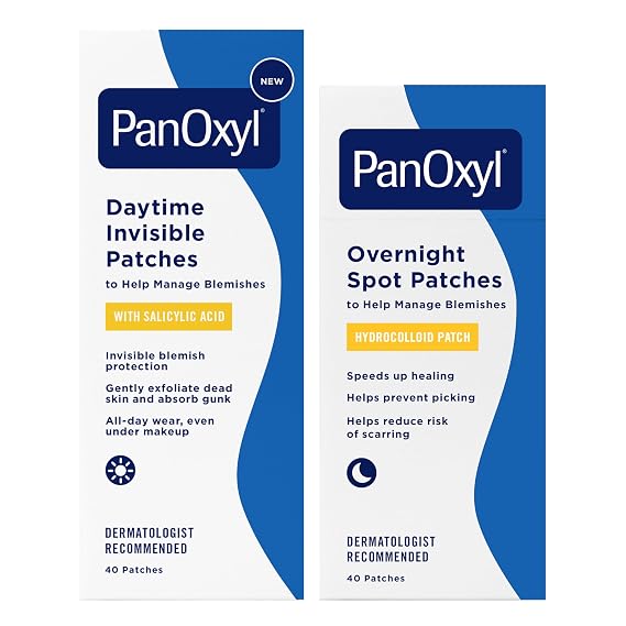 PanOxyl AM-PM Pimple Patch Duo, Daytime Invisible Salicylic Acid Care and Coverage/Overnight Hydrocolloid Spot Protection, Day-to-Night Blemish System, 80 Total Patches, Latex-Free