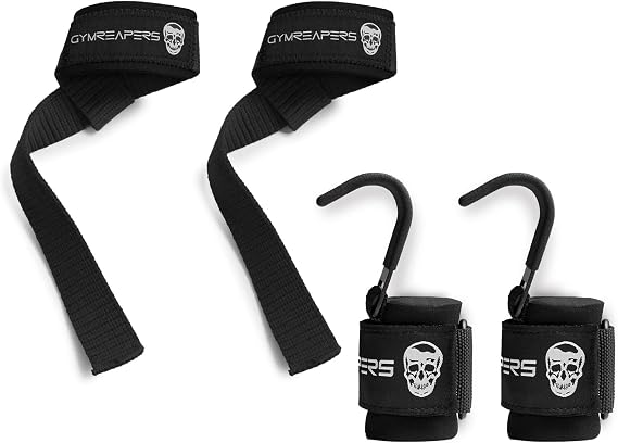 Gymreapers Lifting Straps & Hooks Bundle (Black) Premium Grip Support Combo for Deadlifts, Pulls, Rows & Heavy Lifting