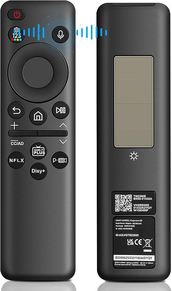 BN59-01432A Solar Voice Remote for Samsung TV, Bluetooth Rechargeable with Solar Charging, Compatible with Samsung 2023-2024 Neo QLED 8K Smart TVs, HDR Ultra HD, VG-TM2360E - Black