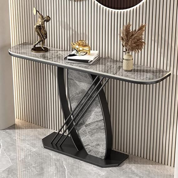 Contemporary Half Moon Console Accent Table Antique Sofa Console Table Slate Porch Table Against The Wall Porch Table Italian Porch Cabinet Black Base Grey Top 59" L x 12" W x 31" H