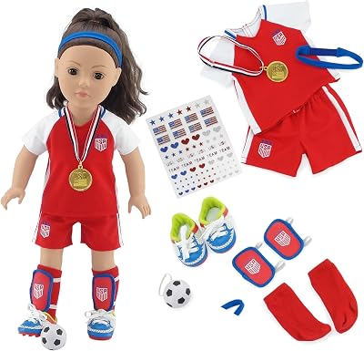 Emily Rose 18 Inch Doll Soccer Outfit 9 Pc Soccer Doll Clothes & Accessories Set, USA Uniform, Cleats, Ball, Medal & Reusable Patriotic Face Stickers, Gift Boxed, Fits American Girl Dolls No Doll