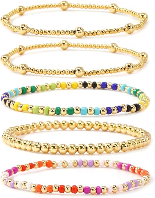 Colorful Gold Plated Stackable Ball Seed Beaded Bracelets Set For Women, Boho Handmade Romantic Stretch Accessories Jewelry, Daily Wear Holiday Party Friendship Gift