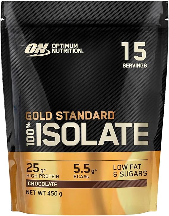 Optimum Nutrition Gold Standard 100% Isolate for Muscle Support and Repair, High Whey Protein Powder with BCAA Amino Acids, Low Sugar, Low Fat Sports Nutrition, Chocolate Flavour, 15 Servings, 450g