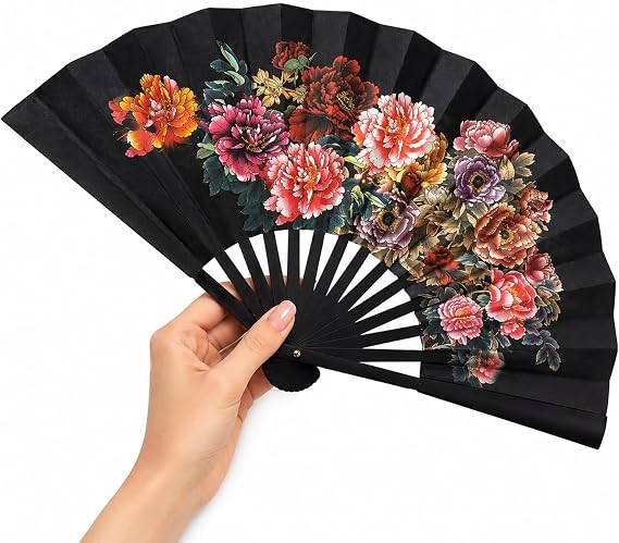 Coverzone Katlanabilir El Yelpazesi Siyah Çiçek Desenli Japon Yelpazesi Taşınabilir El Fanı Yazlık Serinletici Dekoratif Dans ve Davet Aksesuarı 47x26 cm