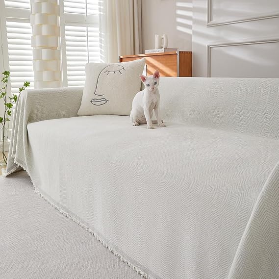 Highdi Throw for Sofa Large, Solid color Soft Blanket Decorative Throw Blanket with Fringe, 1 2 3 4 Seater Sofa Throws, Travel Nap Blanket for Chair Couch Bed and Armchair (90x90cm,cream)