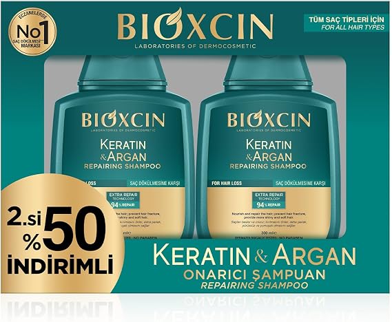 Bioxcin Keratin & Argan Repair Shampoo | 2 x 300 ml | For Worn and Damaged Hair | Hydrolyzed Keratin + Argan Oil + BioComplex B11