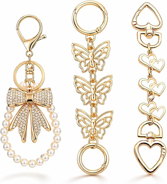 Redeam Cute Gold Bag Chain Extender, Handbag Strap for Purse with Pearl Chain Bow Charm, Shoulder Bag Accessories, Purse Accessories Charm 3 Pcs (White)