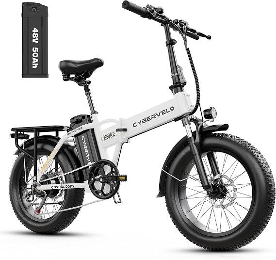 YorkE 1000W Folding Electric Bike, 48V 50AH Large Removable Battery E Bike, 30+MPH, 80 Miles Max Range, 20" Fat Tire Electric Bike for Adults, Adult Electric Bicycles for Commute,Snow White