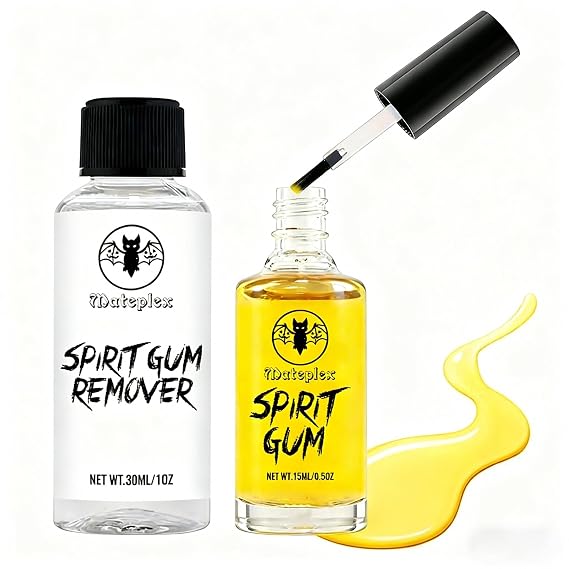Spirit Gum Adhesive and Remover Kit, Professional Cosmetic Glue for Skin | Body Glue for Face, Stage Special Effect Prosthetics Makeup & Cosplay Wig