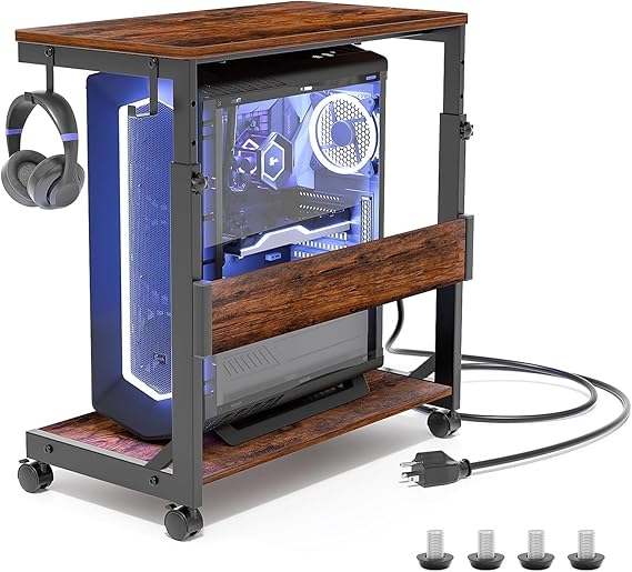 Height-adjustable PC stand with wheels 2 hooks 2 levels