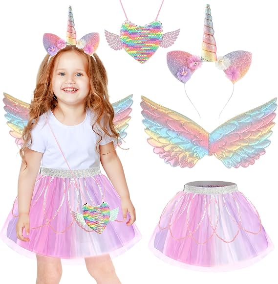 4pcs Unicorn Costume for Girls, Unicorn Wings Tutu Headband and Heart Shape Coin Purse for Birthday Christmas Halloween Party