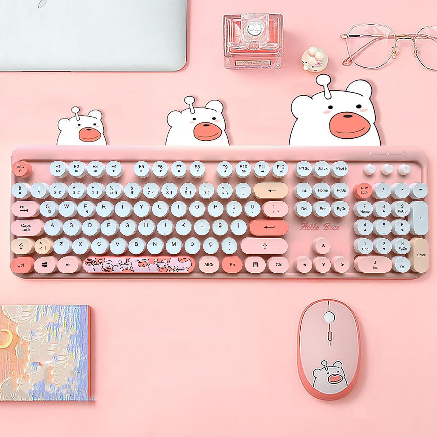 Microcase Mofii Teddy Bear Pattern Wireless Color Round Keyboard Mouse Set-AL4258 (Pink)