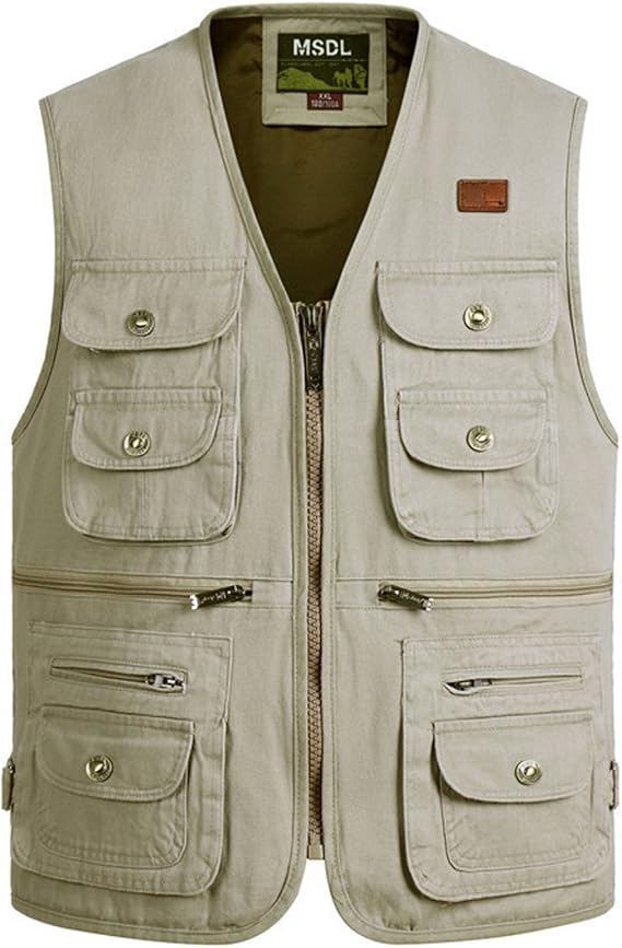 Flygo Men's 100% Cotton Outdoor Multiple Pockets Safari Fishing Journalist Vest Waistcoat (Large, Creamy-White)