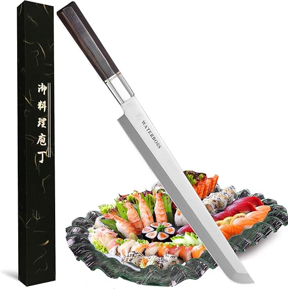 Waterboss, 10.6"/27cm Sakimaru Knife Japanese Sushi Chef Knife Salmon Knife Slicer Sashimi Knife, 7Cr17mov Stainless Steel Sashimi Willow Blade, Octagon Handle Ebony Wood