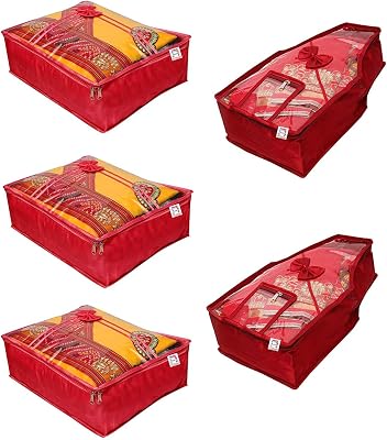 atorakushon Fabric Satin Saree and Blouse Covers Garments Clothes Storage Bag Wardrobe Organizers With Double Zip Lock & Transparent Window Set of 5 Maroon