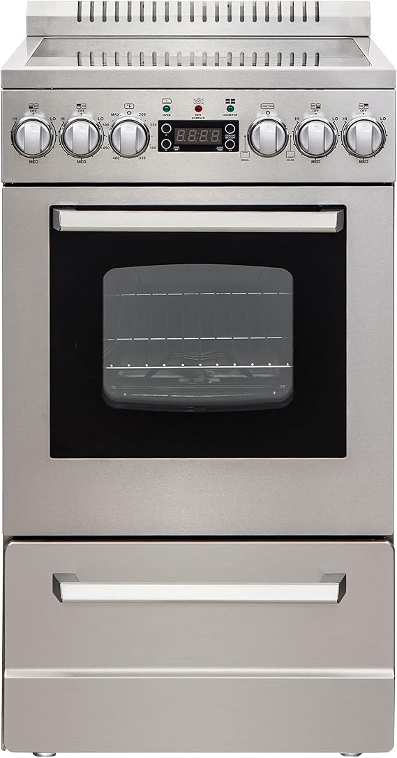 Avanti Electric Range Oven ELITE Series Compact Design, 2-Cu.Ft. Capacity with 4 Coil Burners, Framed Glass Oven Door, Storage Drawer and Broiler with Pan, 20-Inch, Stainless Steel