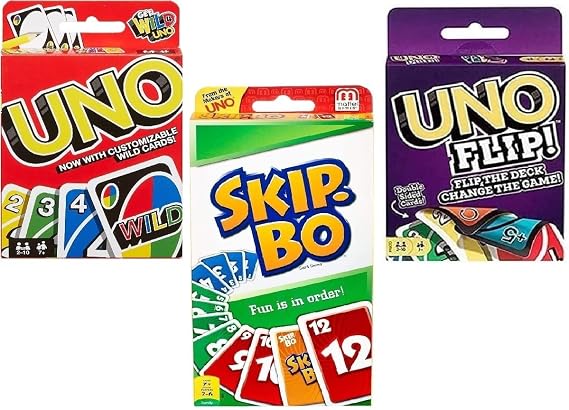 Mattel Uno, Flip and Skip-Bo Card Game, Combo Pack of 3